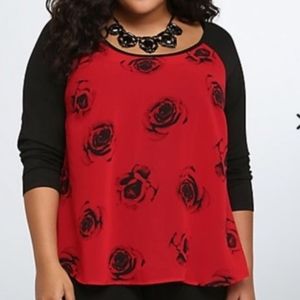 Torrid Red Rose Blouse Sheer Open Back